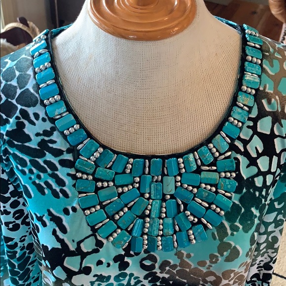 JM Collection Turquoise Embellished Top Medium - Picture 2 of 7